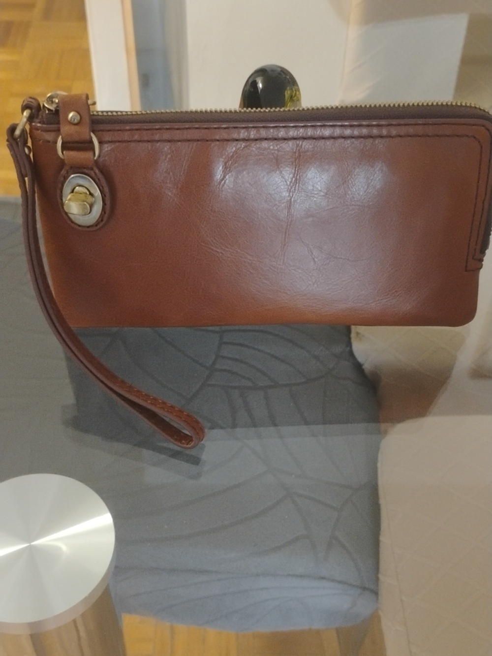 HOBO International Brown Leather Wristlet/Wallet with Turn-Lock Accent